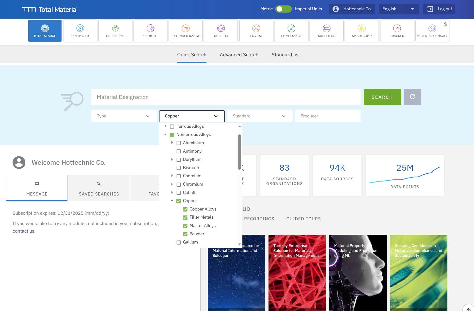 کلید مس در نرمافزار Total Materia – ترکیب و خواص گریدهای مس